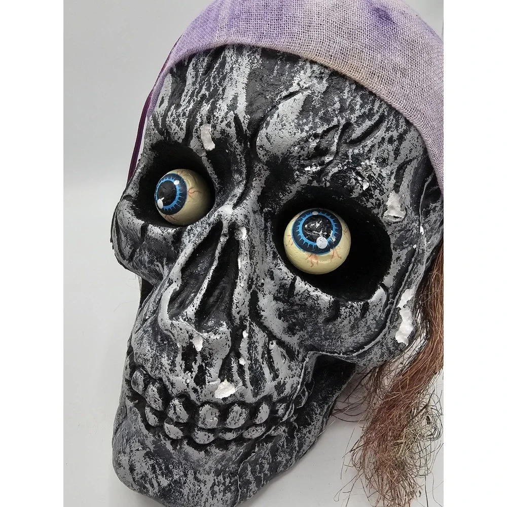 Vintage Hanging Skull Styrofoam Pirate Purple Cap Bulging‎ Eyes Halloween Prop